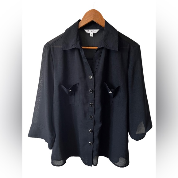 Tradition‎ Lightweight Black Gauzy Sheer Button Front Short Sleeve Blouse - Picture 8 of 11